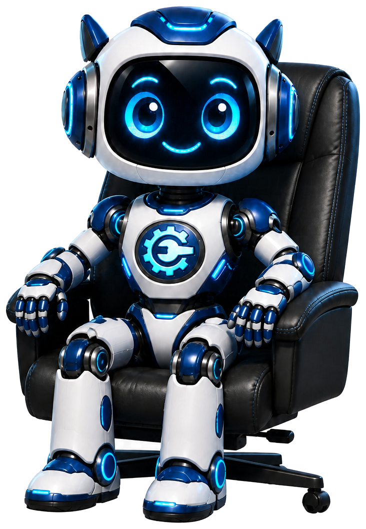 Cody, az E-Szerviz robot főnöki székben ül